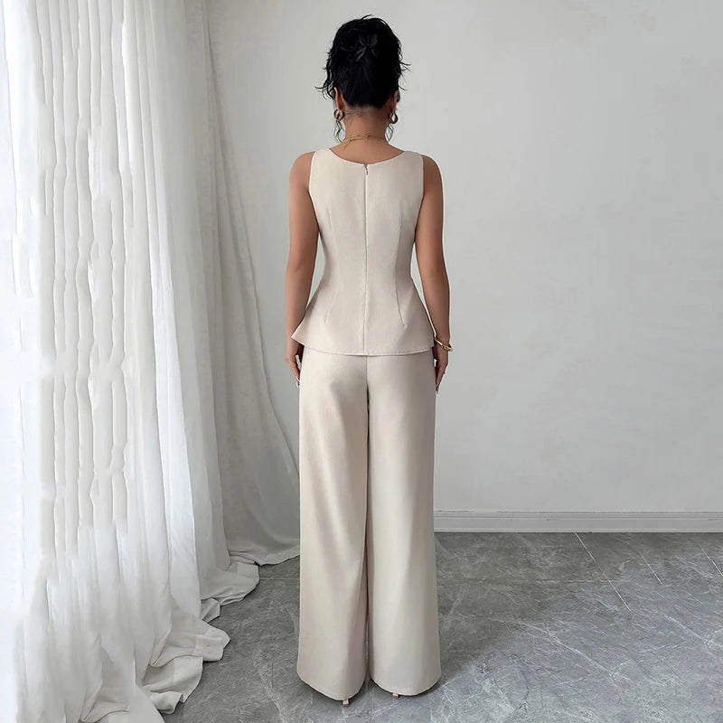 Summer Female Vest Pants Set Solid Sleeveless U Neck Top High Waist Casual Loose Pant Two-piece Set Office Lady  Fashion Street