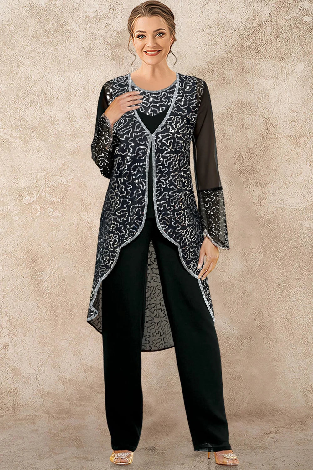 Flycurvy Plus Size Mother Of The Bride Black Chiffon Sequin Embroidery Irregular Hem Three Piece Pant Suit