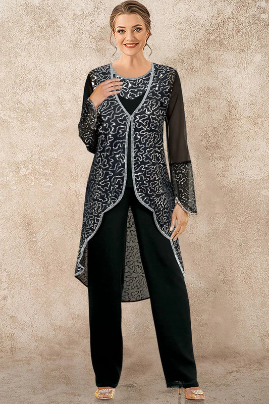 Flycurvy Plus Size Mother Of The Bride Black Chiffon Sequin Embroidery Irregular Hem Three Piece Pant Suit