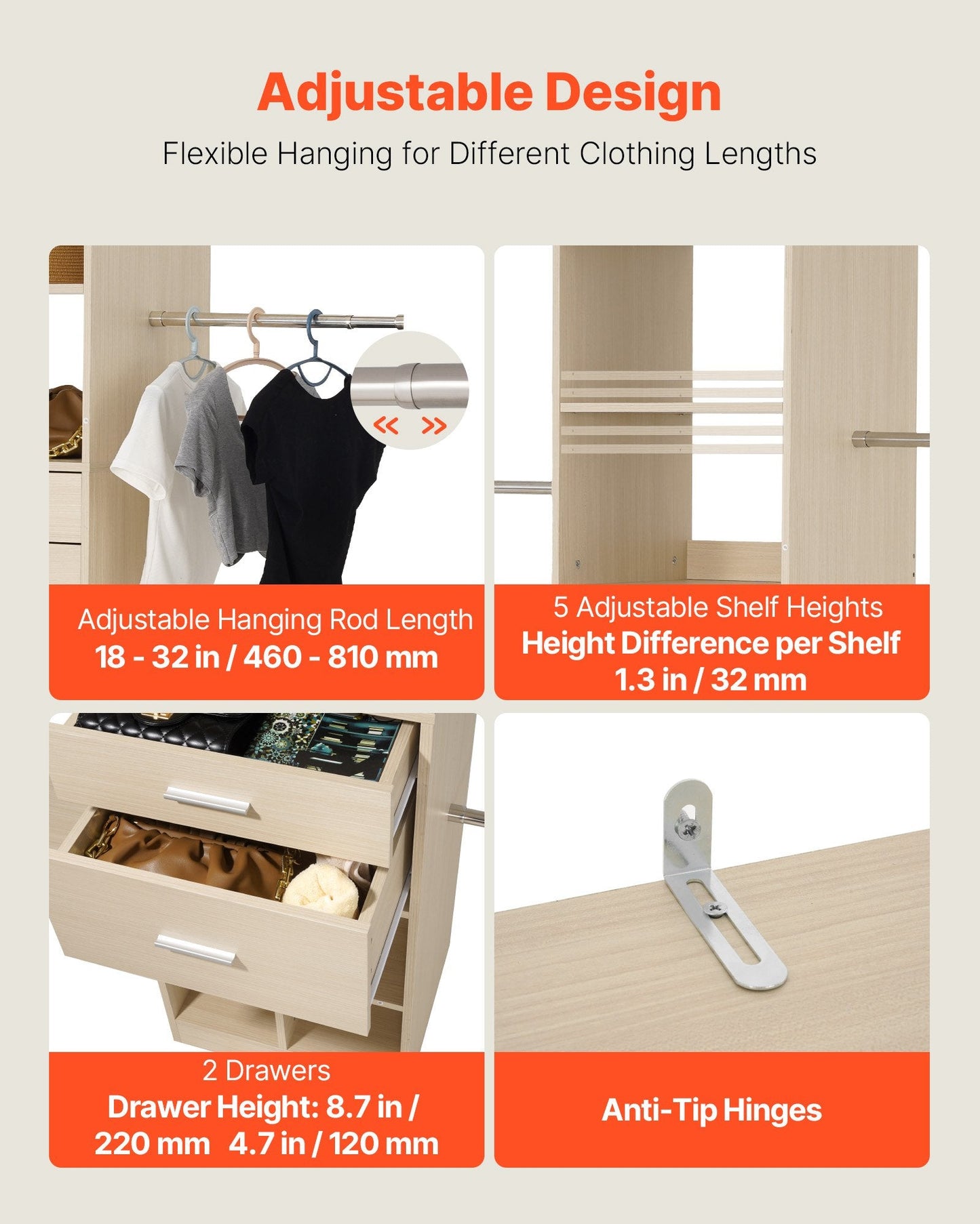 Closet System With 2 Drawers, Adjustable Height Wooden Closet