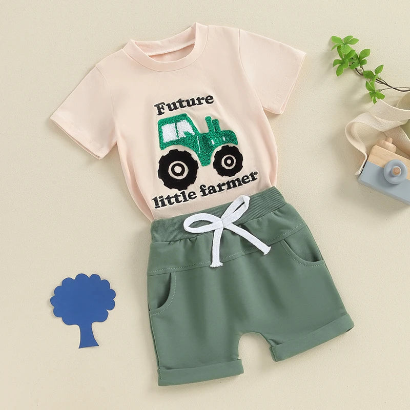 Toddler Boys 2-Piece Outfit Cute Bear Print Tee with Matching Elastic Waist Shorts for Summer Playtime