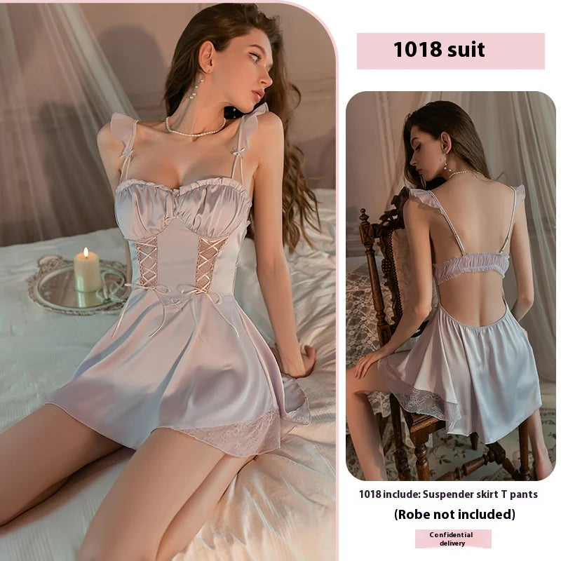 New Ladies Sexy Nightgown Nightgown Female Satin Lace Temptation Erotic Lingerie with Corset Pads Lace-Up Slimming Pajamas Set