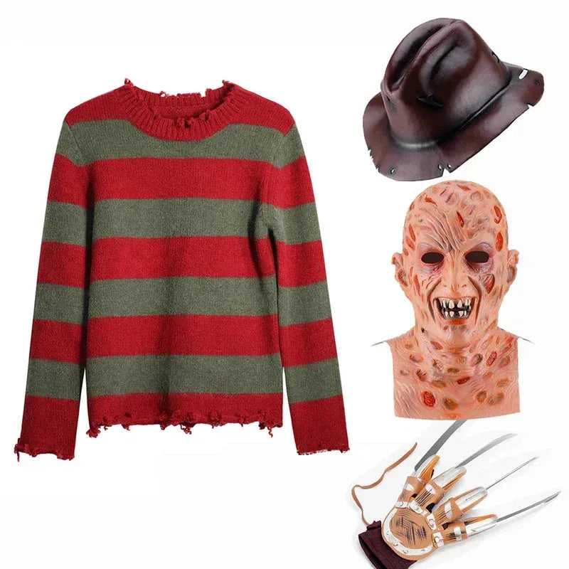 New ★ Freddy cosplay adult sweater red striped knitting top coat hat mask Freddie Krueger Halloween costume for men★ 2025 qi☆