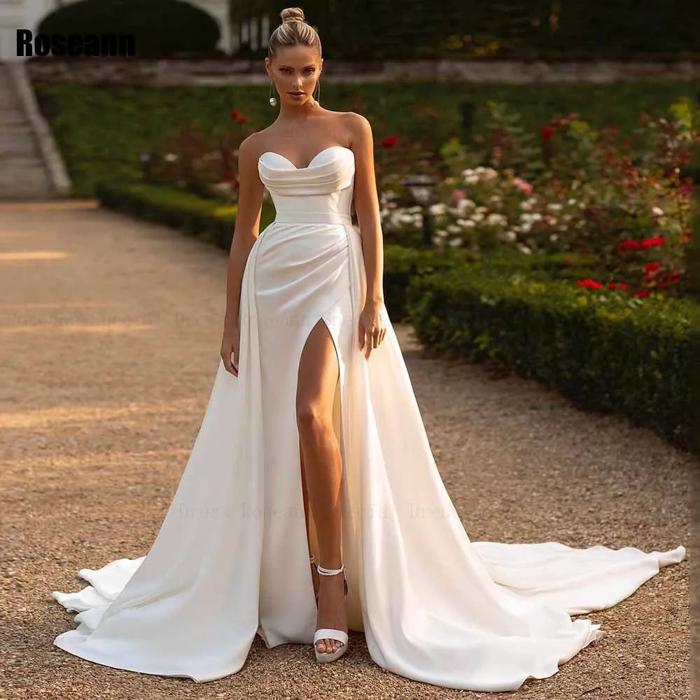 Customized Fashion 2025 Mermaid Wedding Dress Satin Open Back Strapless Front Split Brush Train Bride Dresses robe de mariée