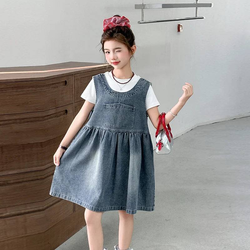 Kids Fashion Reversible Clothes Loose Fit Sleeveless Denim Vest Dress with Bow for Teens Girl Street Outfit Child Jeans Dress