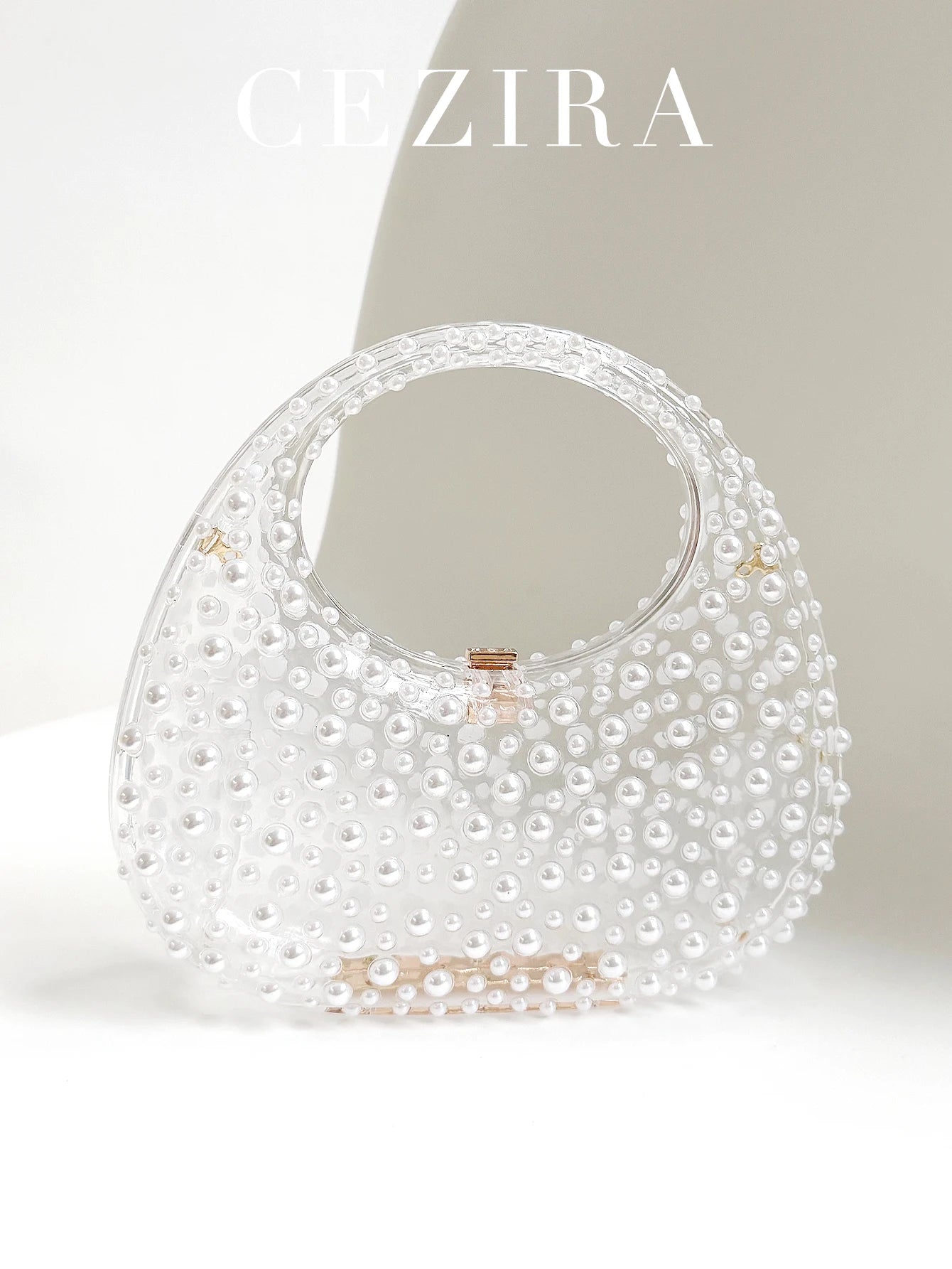 CR Women's Romantic Elegant Clear Acrylic Top-handle Bag Luxury All Over Pearls Long Chain Evening Purse Bride Handbag Wedding
