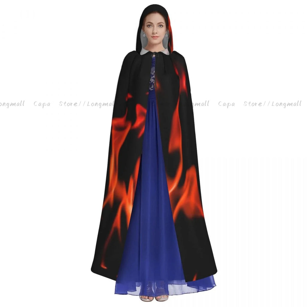 Adult Vampire Cape Hooded Robe Flames Of Fire Background Halloween Cloak Full Length Cosplay