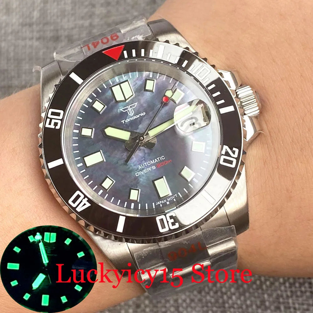 Customized NH35A Automatic Mechanical Watch Men Black Mother of Pearl Dial Luminous 200mWaterproof 40MM Brushed Case Date Cyclop