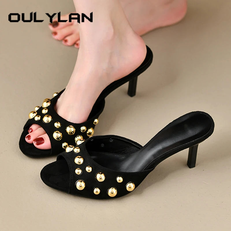 Oulylan Riveted Open Toed Flip-flops Women Summer Sexy Thin High Heels Elegant Solid Color High-heeled Shoes For Party Dress