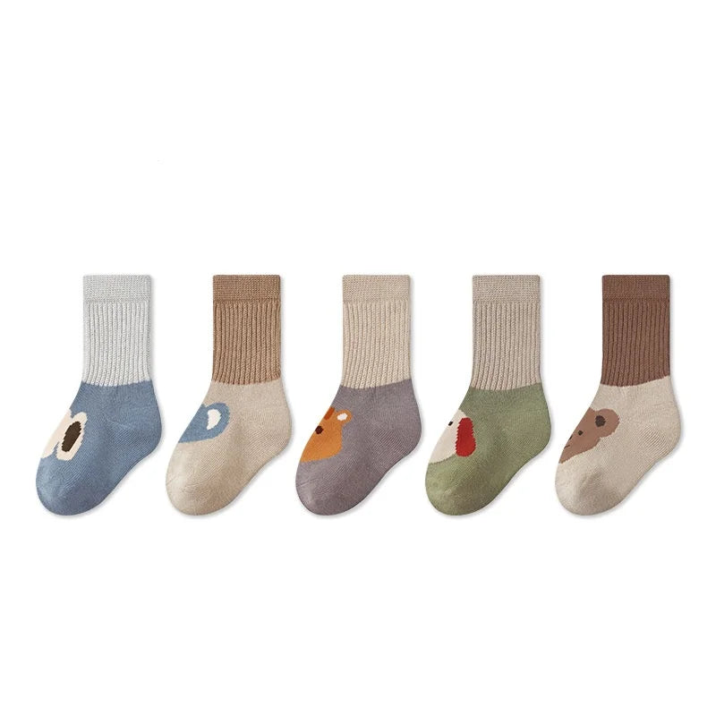 5 Pairs/set Cotton Baby Socks for Newborn Girls Boys Mid Calf Patchwork Cartoon Stockings Kids Cute Clothes Accessories 0-5Years