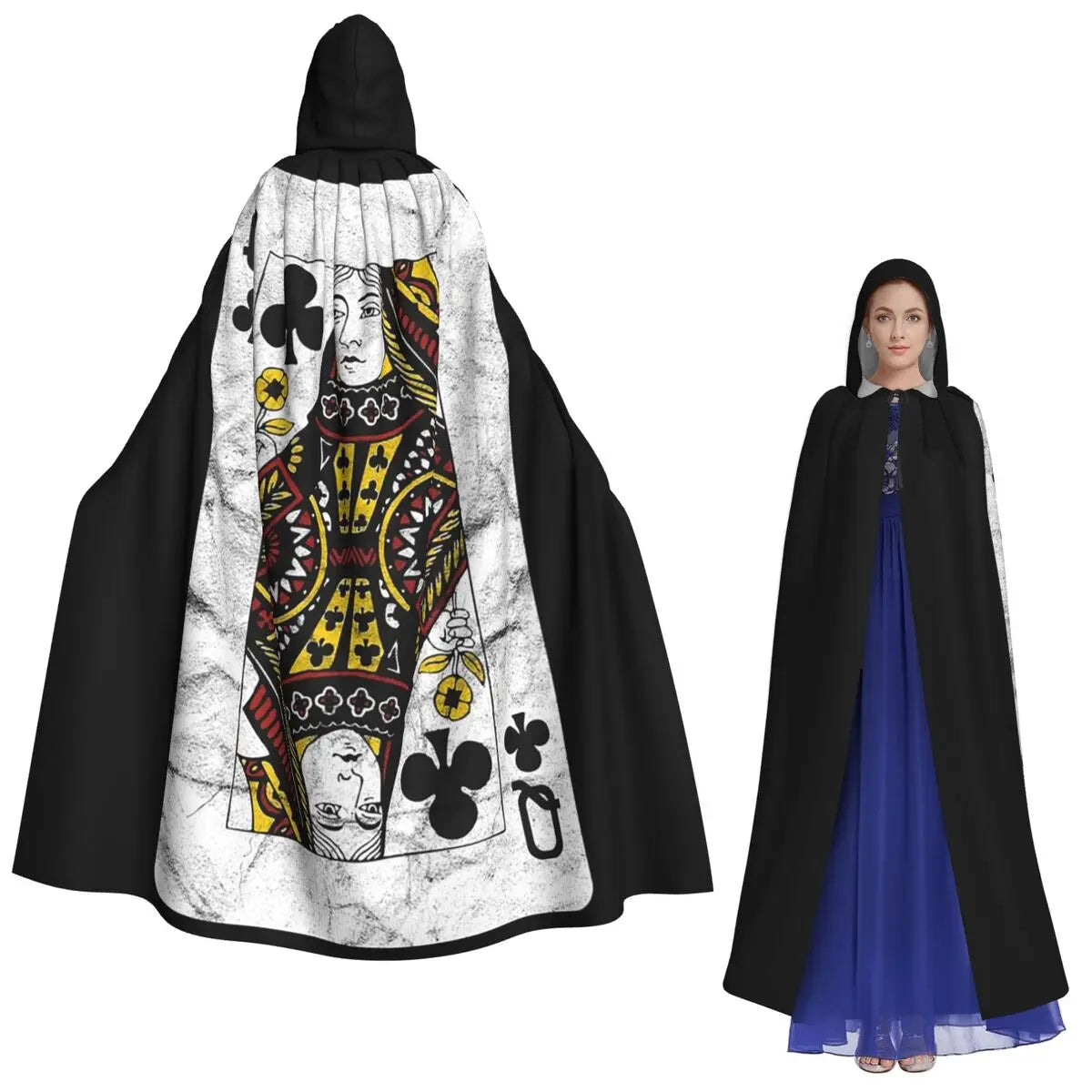 Playing Cards Queen Clubs distressed Design Long Hooded Cloak Witch Medieval Costume Cosplay Cape HalloweenVampire Adult Unisex