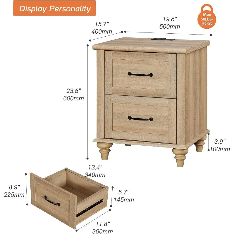 WAMPAT Nightstand Side Table with Charging Station, Light Wood End Table with 2 Drawers,Night Stand Bedside Table,Oak