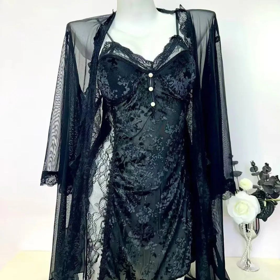 2025 New Balck Lace Patchwork Sling Nightdress Set Women Sexy Mesh Robe Jacquard Flower Home Dressing Gown Women Lingerie