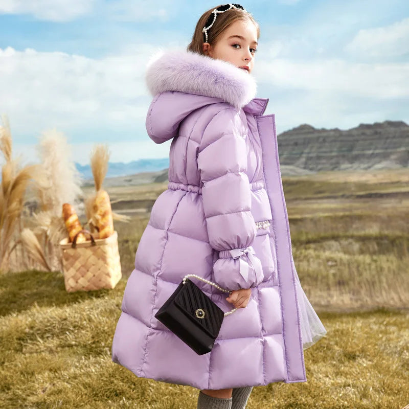 Girls Cotton Clothes 2025 Autumn and Winter New Childrens Clothing Korean Girls Baby Big Hair Collar Long Down Cotton Clothes
