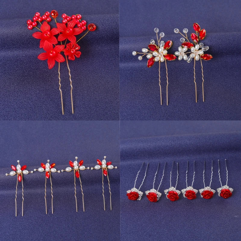 Red Trendy Crystal Hair Pin For Women Party Rhinestone Pearl Hair Clip Pin Bridal Wedding Hair Accessories Jewelry Hairpin Gift