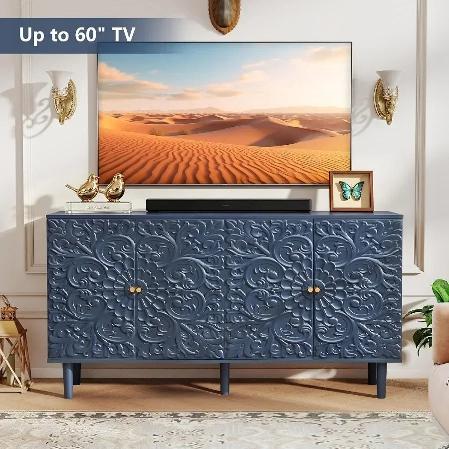 59 Buffet Cabinet with Storage for Dining Room, Midnight Blue Floral Embossed Metal Sideboard with Rust-Resistant Finish