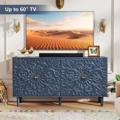 59 Buffet Cabinet with Storage for Dining Room, Midnight Blue Floral Embossed Metal Sideboard with Rust-Resistant Finish