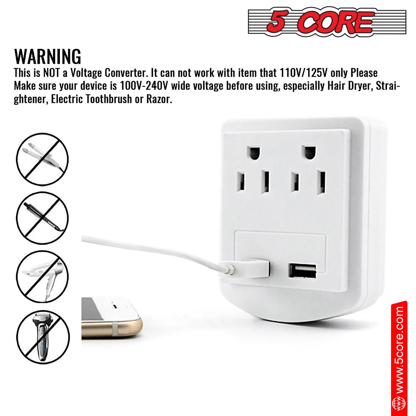 5 Core Travel Plug Adapter European International Power Plug w/ 2 USB,