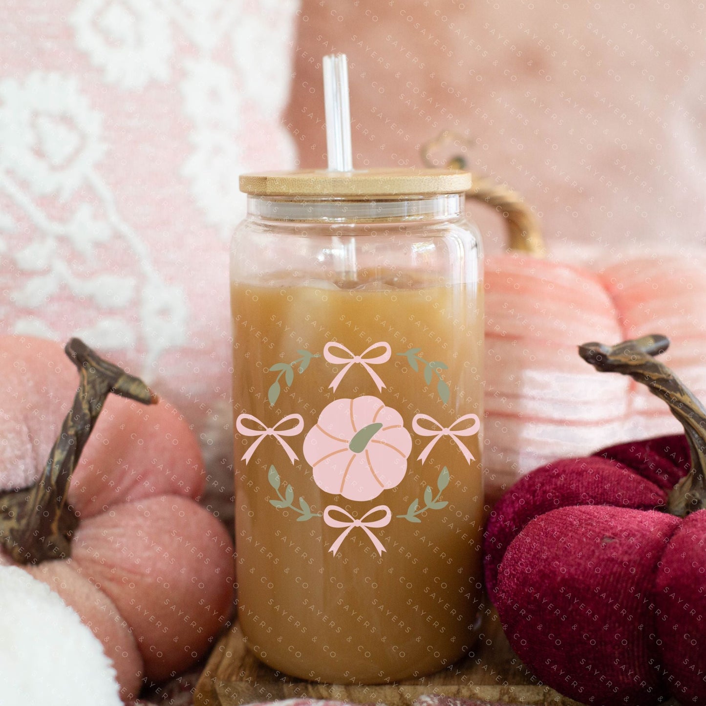 16oz Fall Girl Pink Pumpkin Glass Cup with Bamboo Lid & Straw #100175