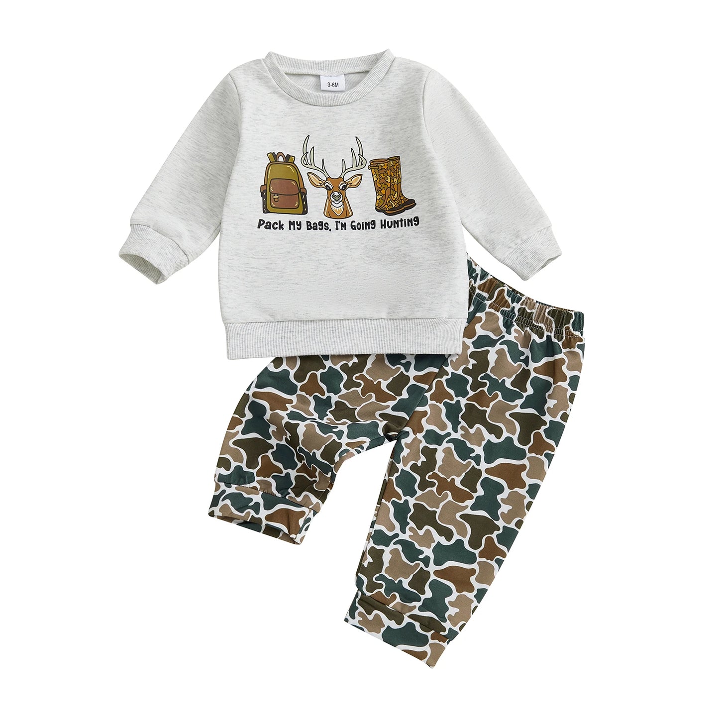 Infant Boy s Cozy Winter Ensemble Reindeer Graphic Pullover with Long Sleeves and Camo Print Elastic Waist Pants 2-Piece Set