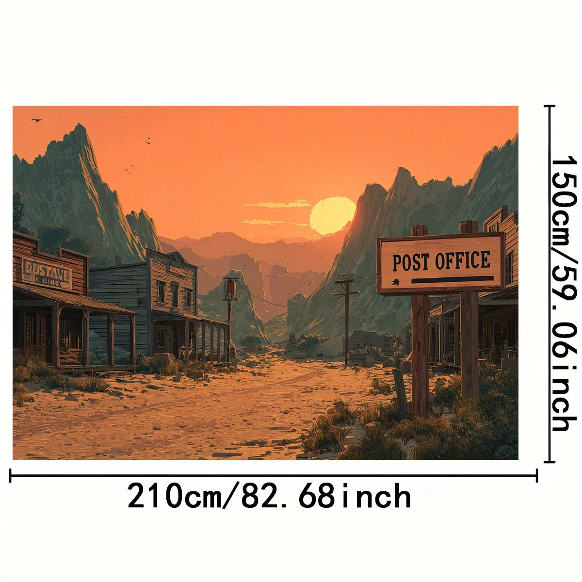 1 Wild West sunset background banner - featuring rugged mountains, post office logo and sunset sky - durable polyester