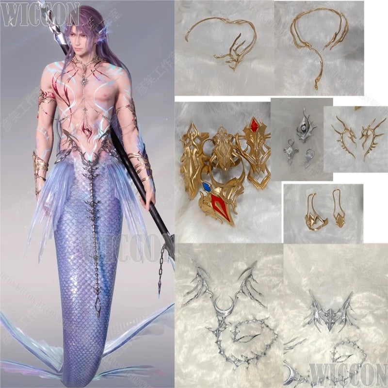 Merman Rafayel Lemurian Sea God Game Love And Deepspace Cosplay Long Purple Hair Wig 3D Prop Man Sexy Outfit Halloween Comic Con
