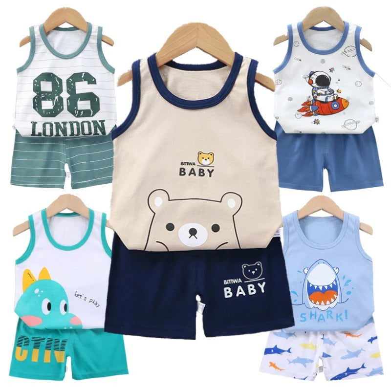 Kids Baby Boys Girls Cotton Breathable Vest+Shorts 2-Piece Set Cartoon Printing Summer Tracksuit Casual Clothes Suit 1-6 Years