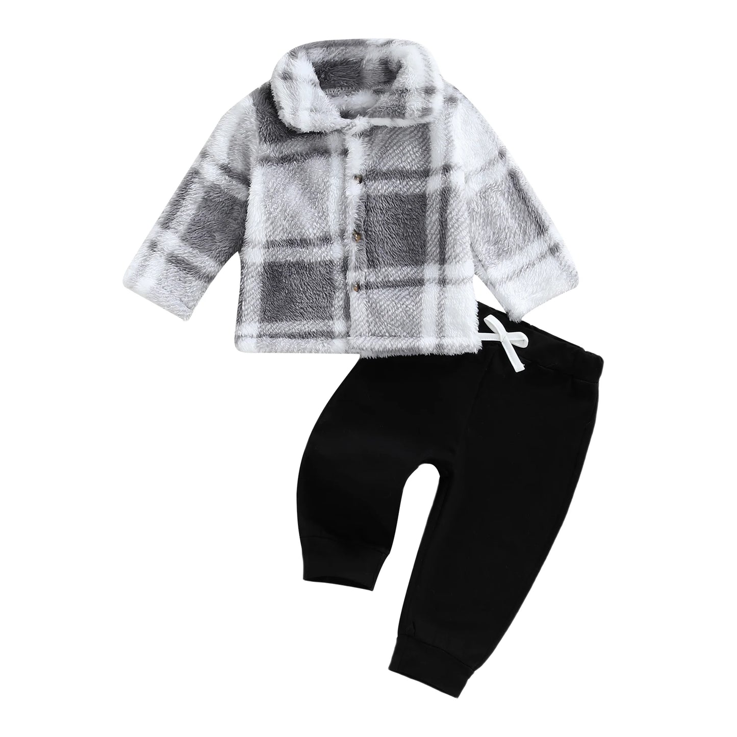 Infant Winter Clothes Set Warm Plaid Fleece Lapel Neck Button Down Long Sleeve Shirt and Pants Outfit for Baby Boy