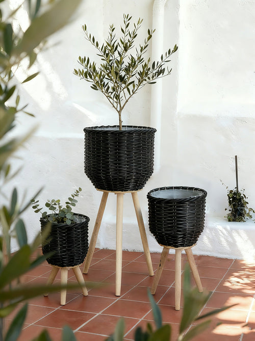 Set of 3 Black Woven Rattan Basket Planters on Wood Legs