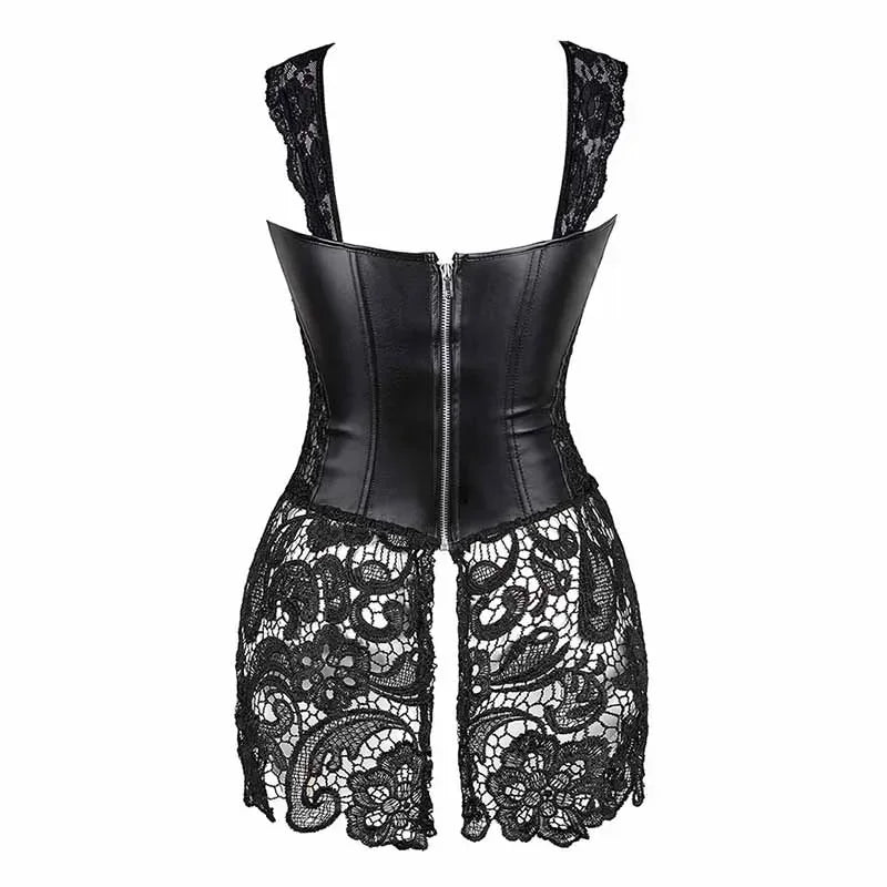 Women's Sexy Burlesque Lingerie Gothic Faux Leather Steampunk Corset Black Lace Bustier Overbust Corsage Korsett Corsets Top