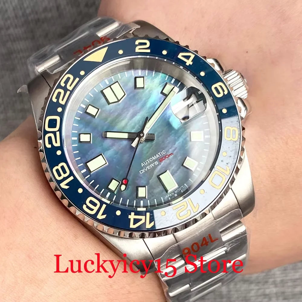 Customized NH35A Automatic Mechanical Watch Men Black Mother of Pearl Dial Luminous 200mWaterproof 40MM Brushed Case Date Cyclop