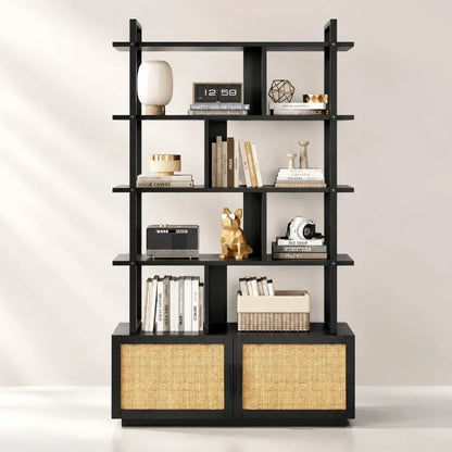 5-Tier Rattan Bookshelf with Storage Cabinet Door 71.1-Inch Tall Industrial Bookcase for Living Room Black Metal Frame Woven Ra