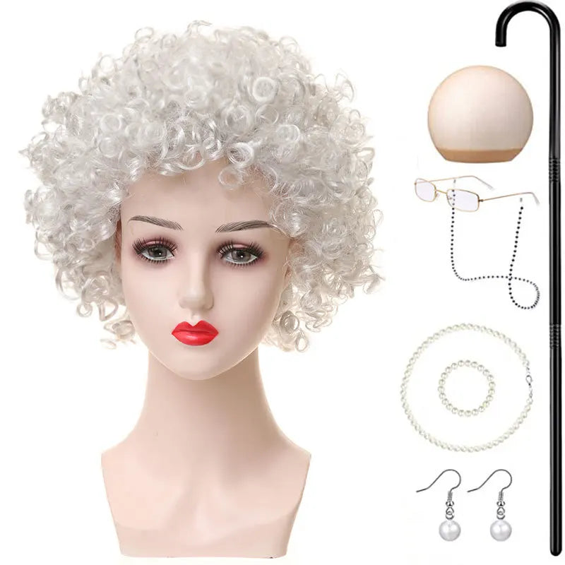 Halloween Granny Granny Grey Wig Grandpa Hair Granny Chartered Woman Curling Iron Wig Set