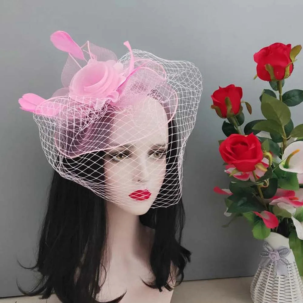 Fashion Feather Mesh Fascinator Hat Bow Elegant Veil Hat Headwear Hair Hoop Headdress Bride Headband Wedding