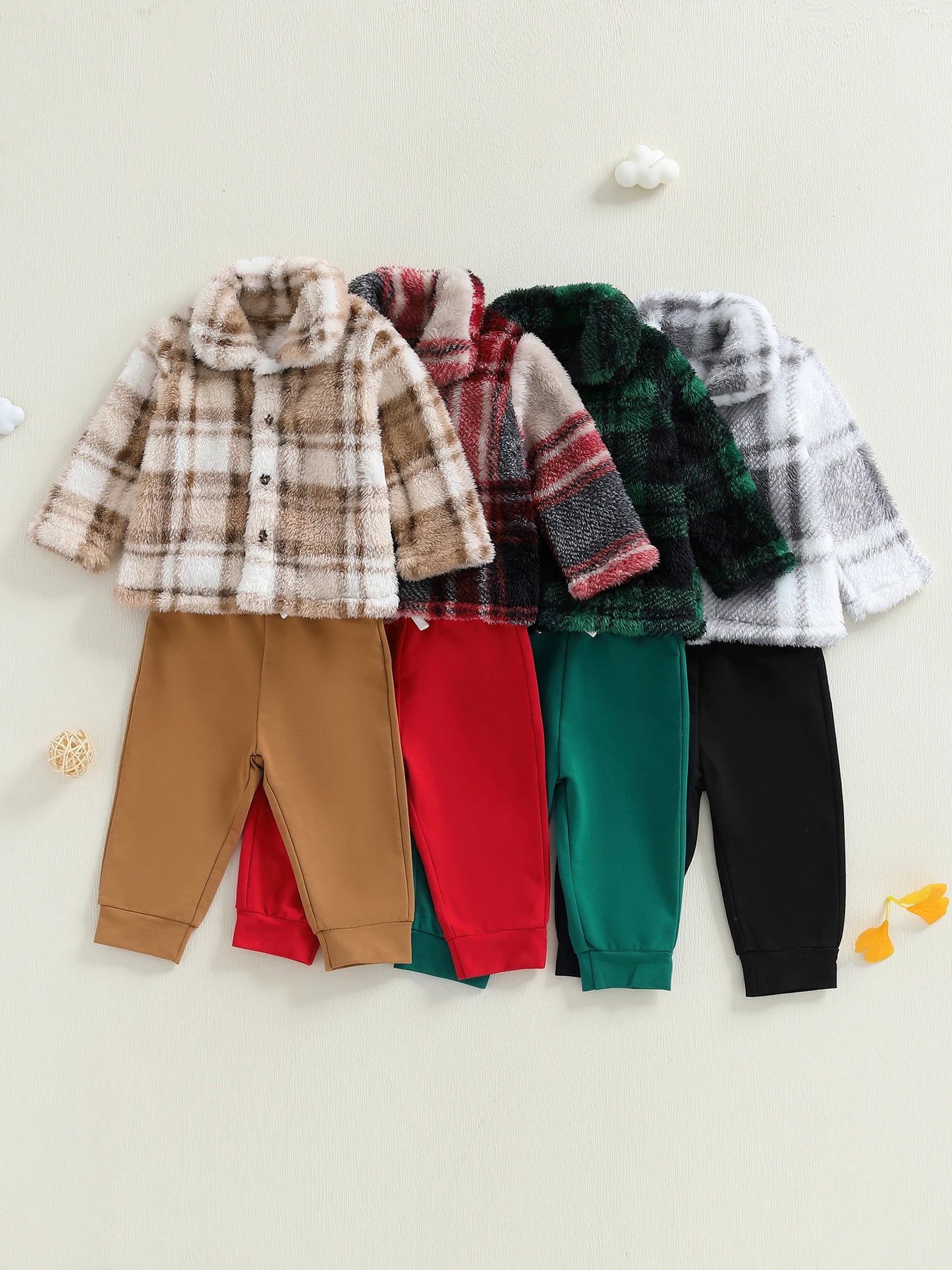 Infant Winter Clothes Set Warm Plaid Fleece Lapel Neck Button Down Long Sleeve Shirt and Pants Outfit for Baby Boy