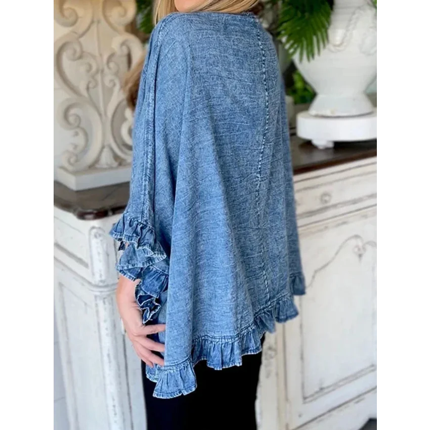 Vintage Blue Denim Jacket Female Fashion Streetwear Lapel 3/4 Sleeves Ruffle Cardigan Loose Women Coat