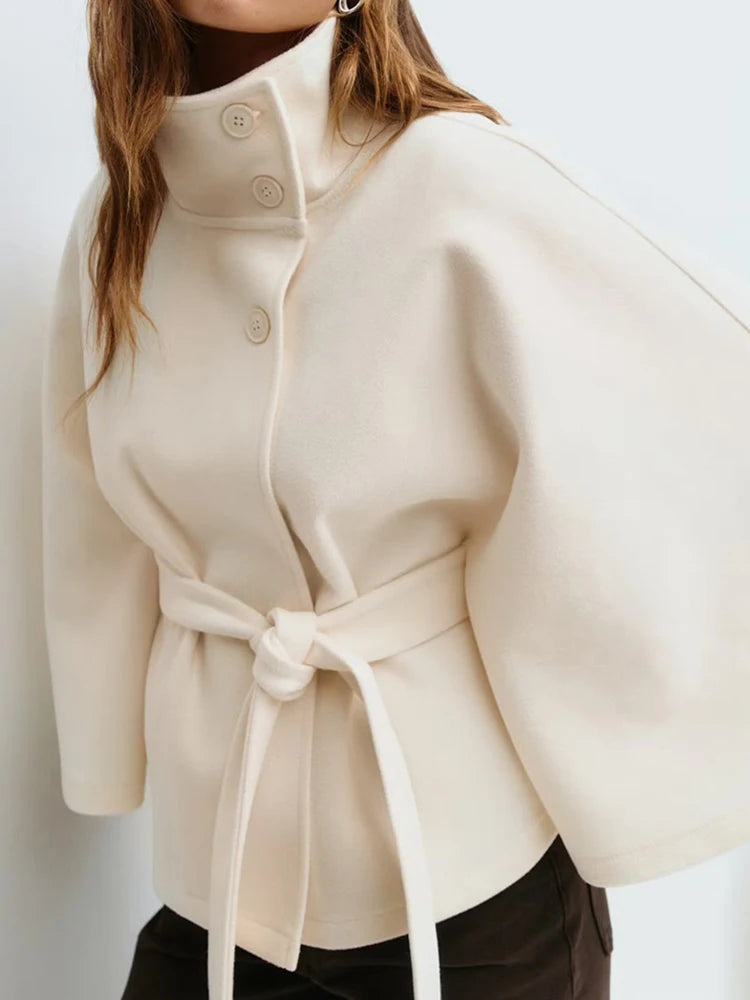 Stand Collar Sashes Patchwork Jackets, Women Autumn Winter Batwing Sleeve Chic Coats, 2025 Loose Holiday Solid Cloak Streetwear