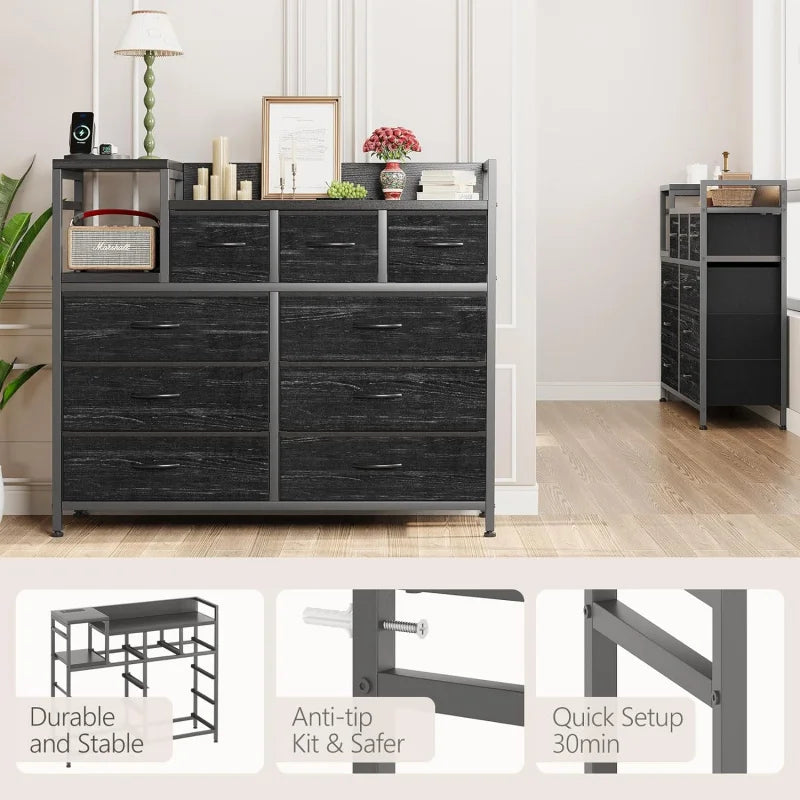 9 Drawer Storage Bedroom Dresser TV Stand |   Multi-Functional with Built-in Charging Station Tall Dresser for Closet O