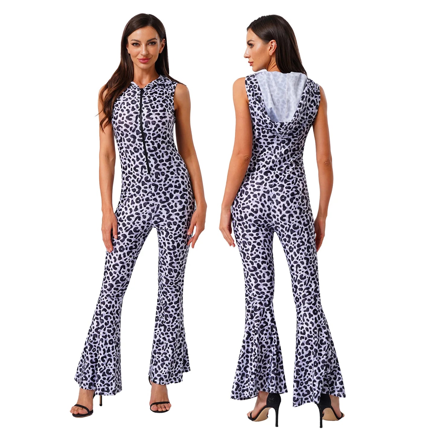 Women Halloween 90s Disco Hippie Cosplay Costume Sleeveless Zipper Printed Bell-Bottom Hooded Jumpsuit for Theme Party Carnival