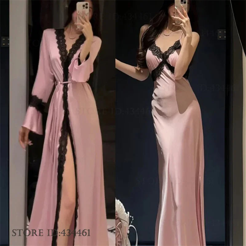 Sexy Women's Nighty&Robe Set Long Kimono Bathrobe Gown Spring Summer New Sleepwear Home Dress Satin Backless Nightgown Lingerie