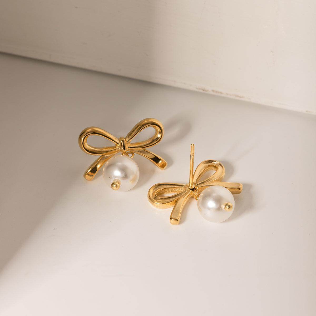Stainless Steel Bow Pearl Earrings for Elegant Style
