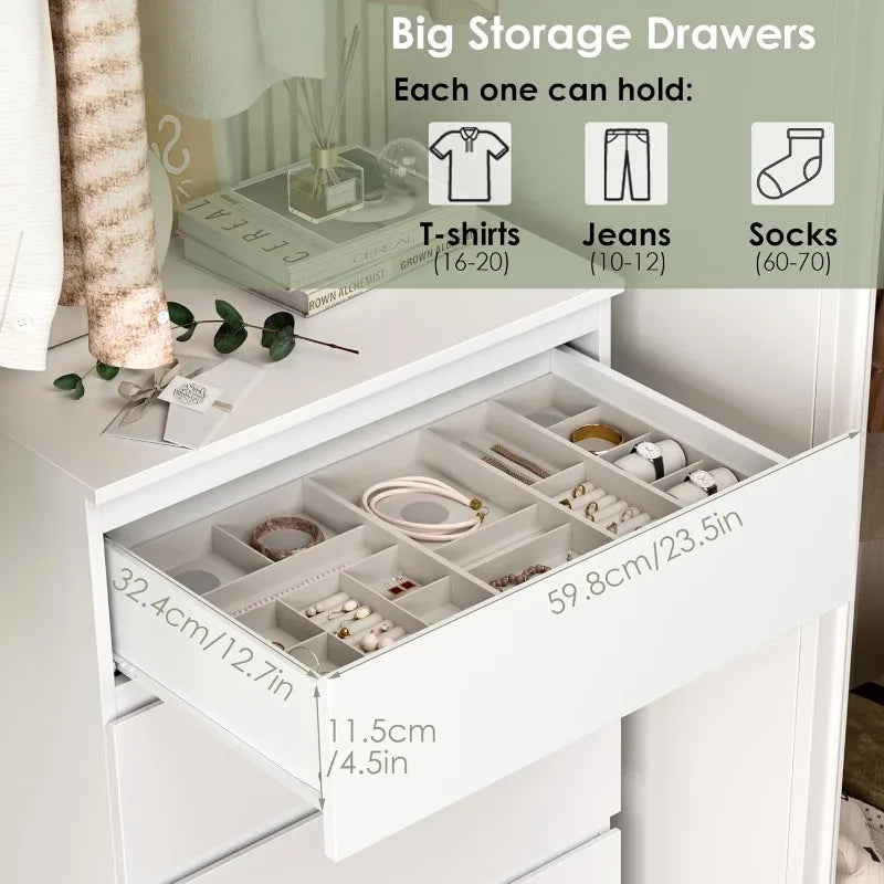 FOTOSOK White Dresser,6 Drawer Dresser,Modern Tall Floor Storage Cabinet Metal Sliding Rail,Wooden Handleless Drawer Cabinet