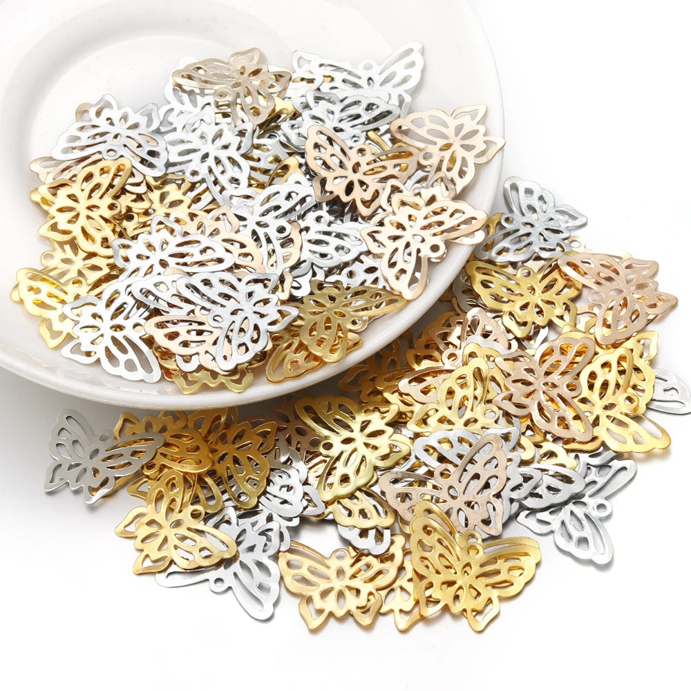 50pcs/lot 12X10/21X17mm Iron Hollow Butterfly Charms Accessories for DIY Jewelry Making Home Decoration Hair Accessory Supplies