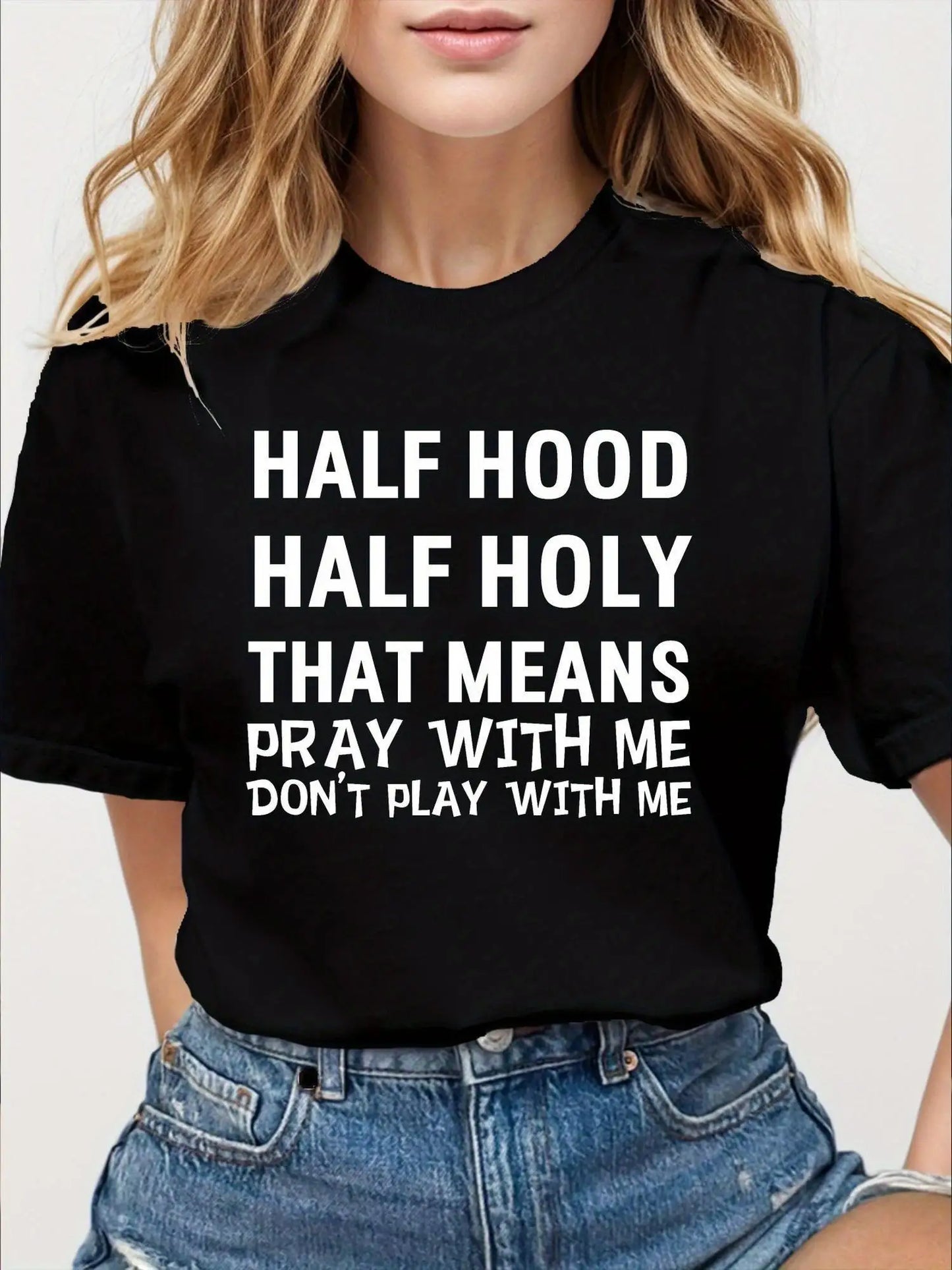 Casual T-Shirt Short Sleeve Round Neck Geometric Print with Inspirational Quote Pray with Me Don't Play with Me for All Seasons