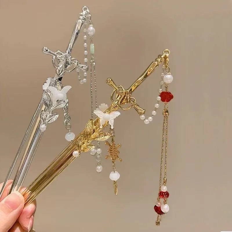 2025 New Chinese Style Sword Hair Sticks for Women Tassel Beads Chignon Pin Pearl Metal Leaves Hairpin Headdress Hair Accessorie