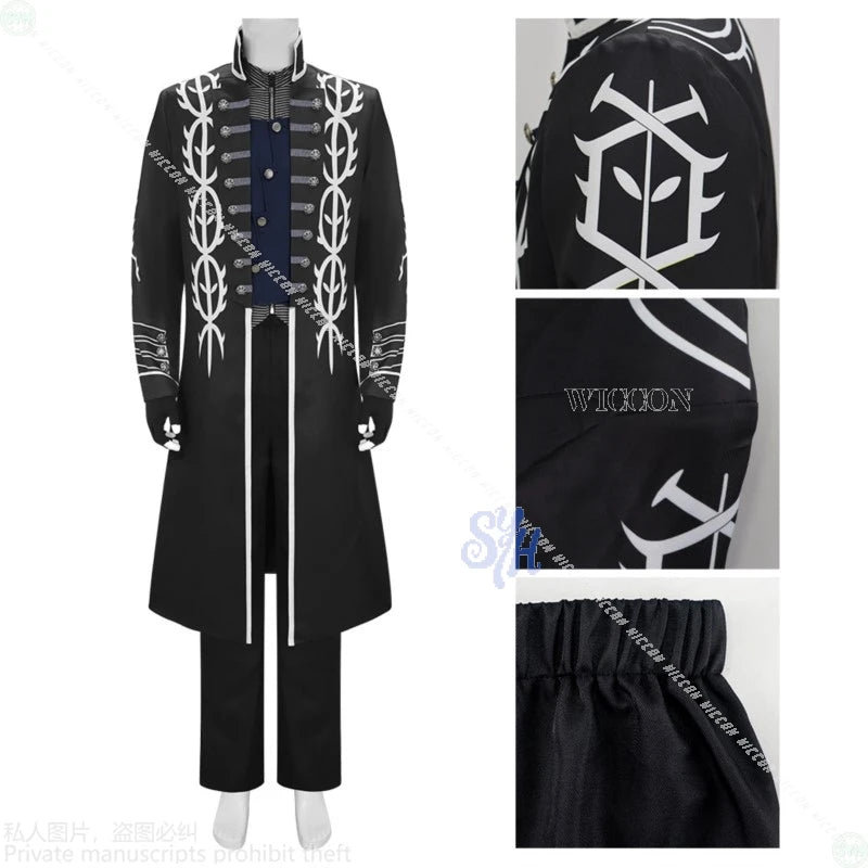 Game DMC5 Cosplay Vergil Anime Costume Demon Cos Cryy Long Black Punk Goth Coat Uniform Pants Jacket Vest Wigs Halloween Party