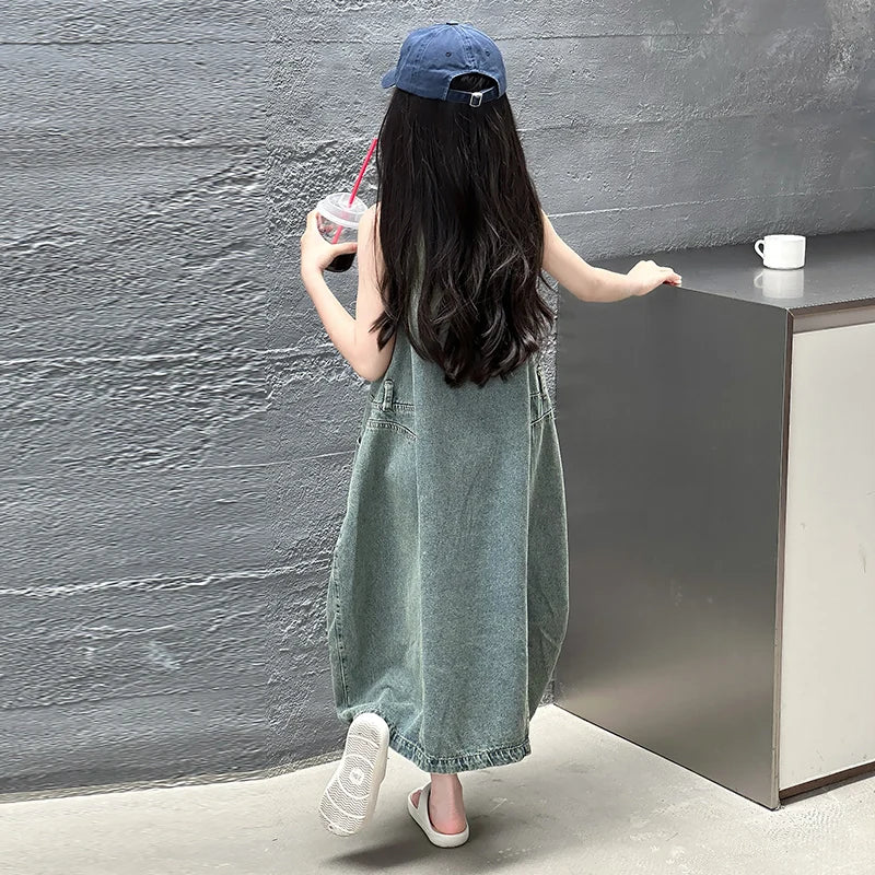 Vintage Blue Children Girls High Quality Sleeveless Denim Dress Streetwear Outfit Fashion Summer Kids Luxury Jeans Clothing