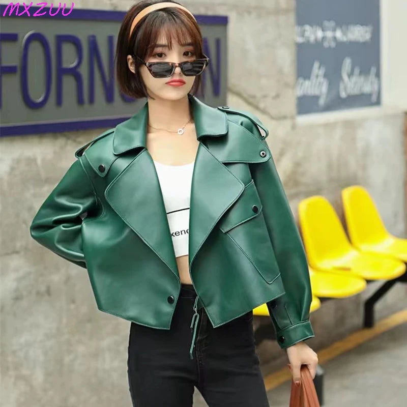 Women's Sheepskin Coat Plus Size Short Loose Veste Femme Large Lapel Pocket Gray/Dark Green/Pink/Khaki Locomotive Leather Jacket