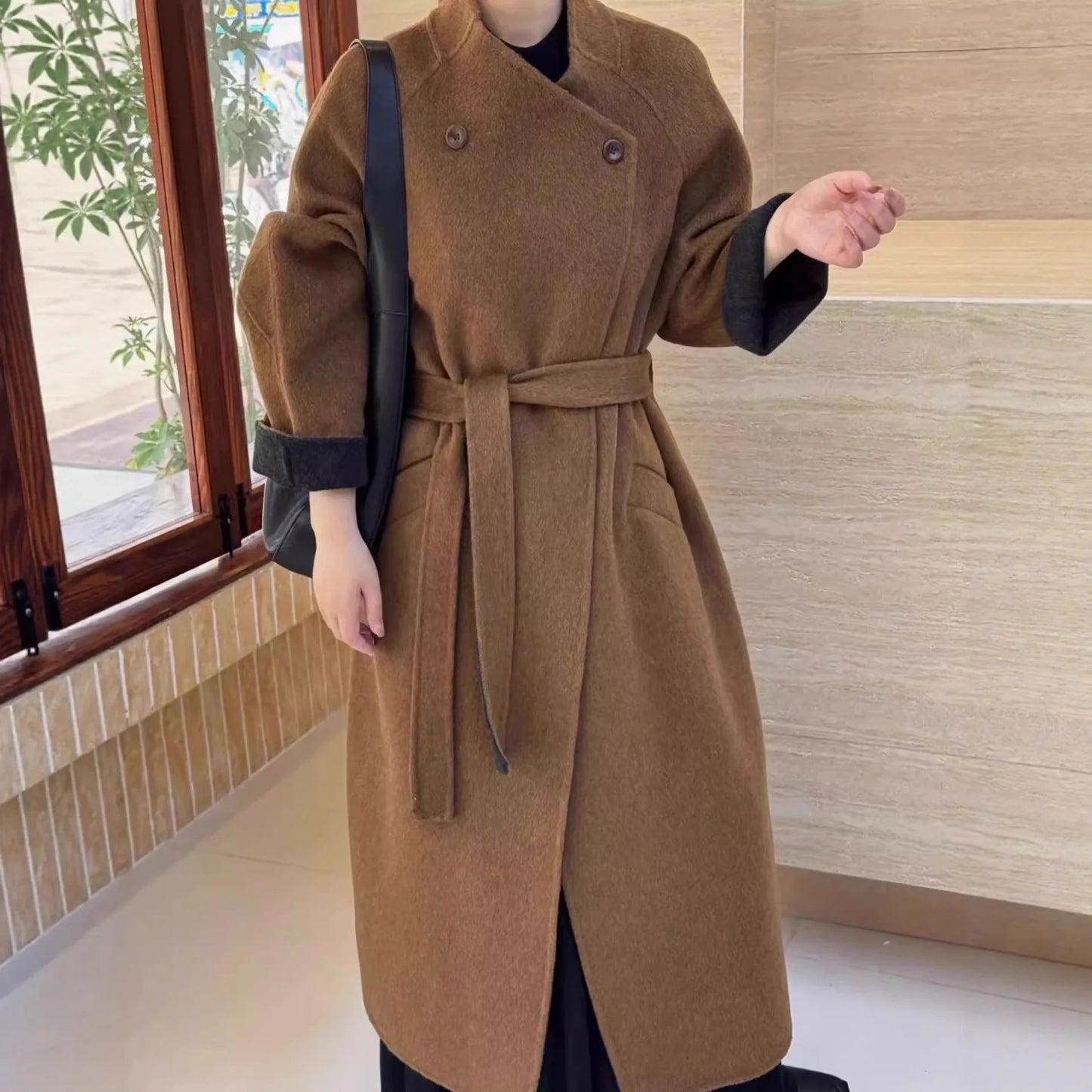 Fashion Elegant Large Lapel Double-Sided Wool Coat for Women Autumn Winter High-End Tie-Up Versatile Loose Slim Woolen Jacket