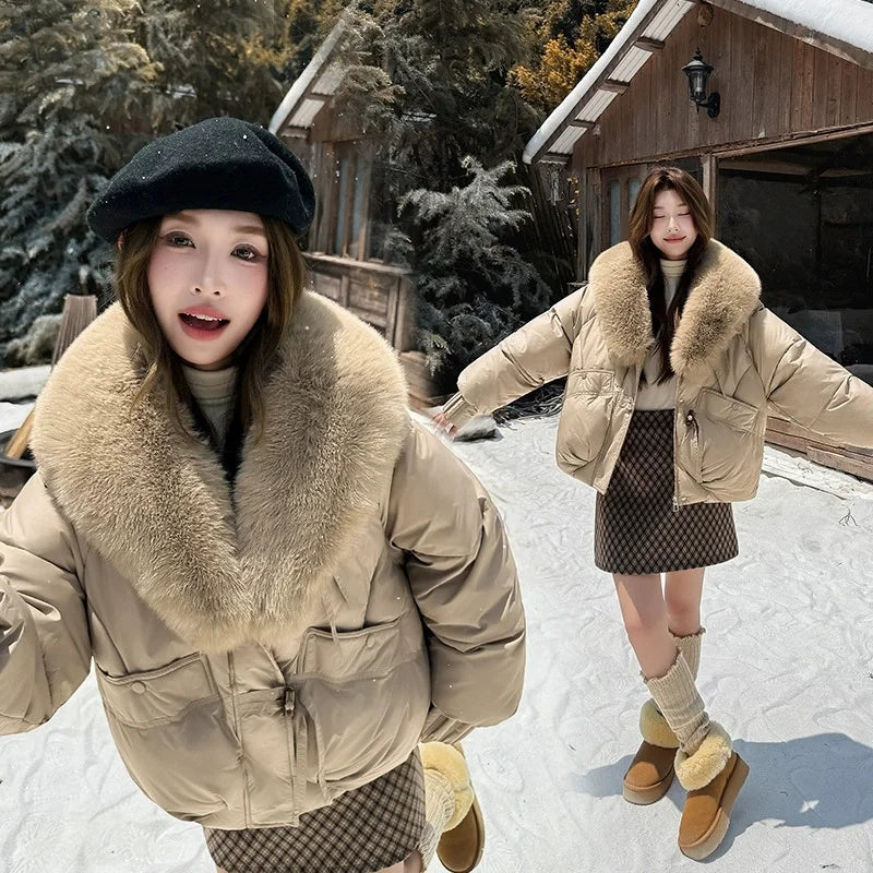 Winter Women Down Cotton Coat Street Imitation Fur Collar Hooded Short Cotton Padded Jacket Female Basic Snow Warm Overcoat 2025